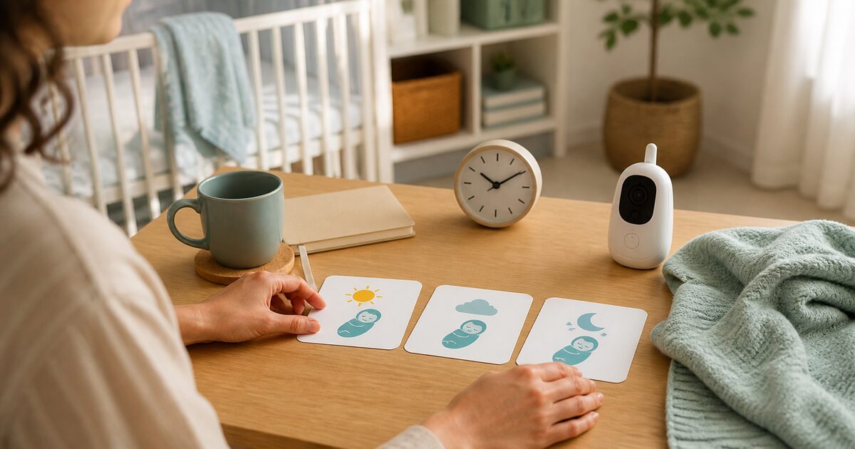 Elternhand ordnet drei Babyroutine-Karten neben Uhr und Babyphone im Kinderzimmer