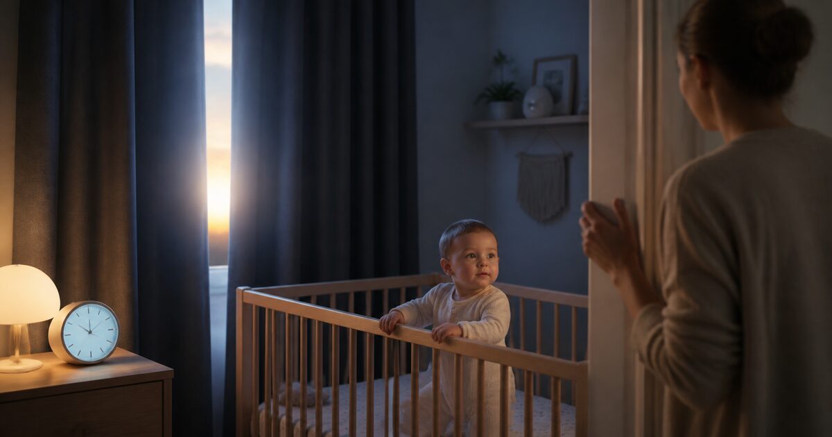 Baby ist im Morgengrauen wach im Kinderbett, während Licht durch Verdunklungsvorhänge fällt
