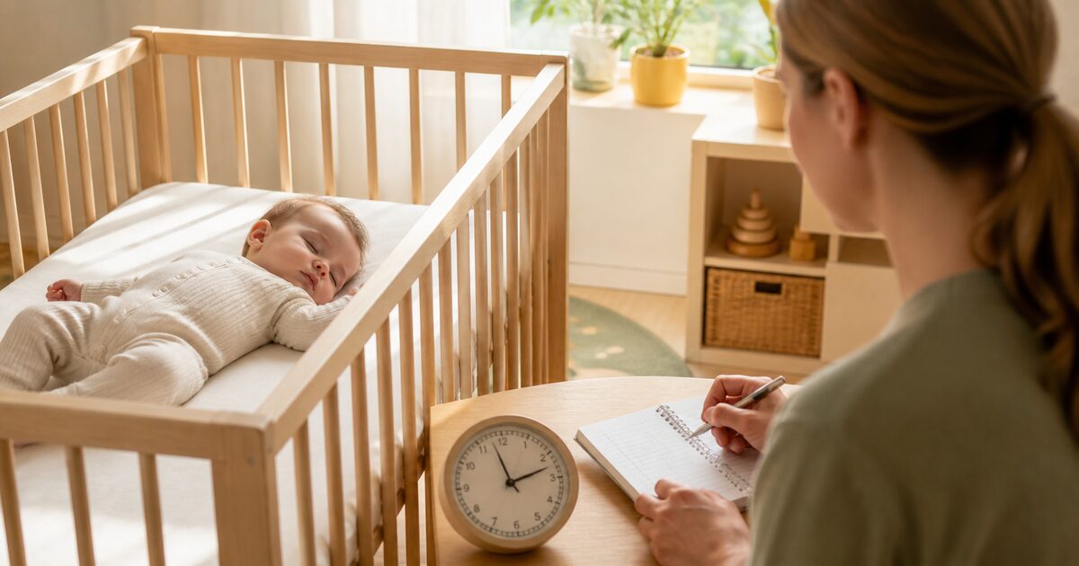 Baby schläft mittags im hellen Kinderzimmer, daneben Uhr und Notizbuch für die Schlafdauer
