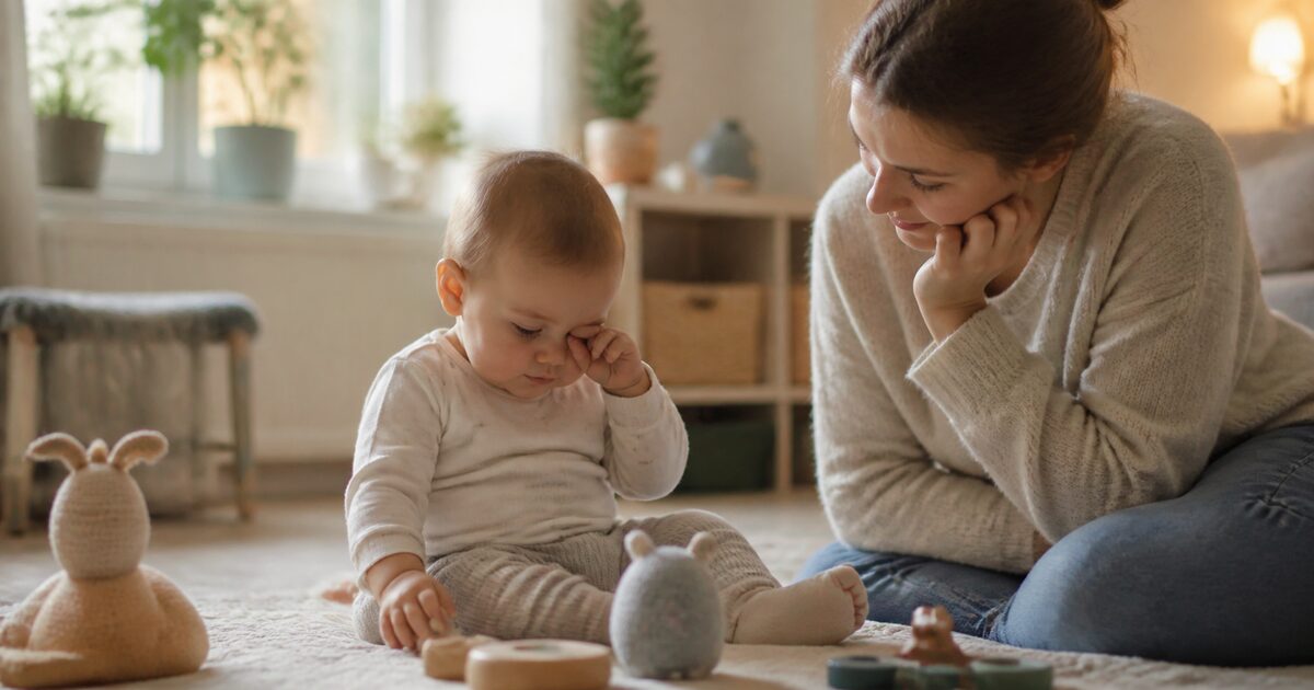Baby reibt sich müde das Auge, während eine Mutter aufmerksam daneben sitzt