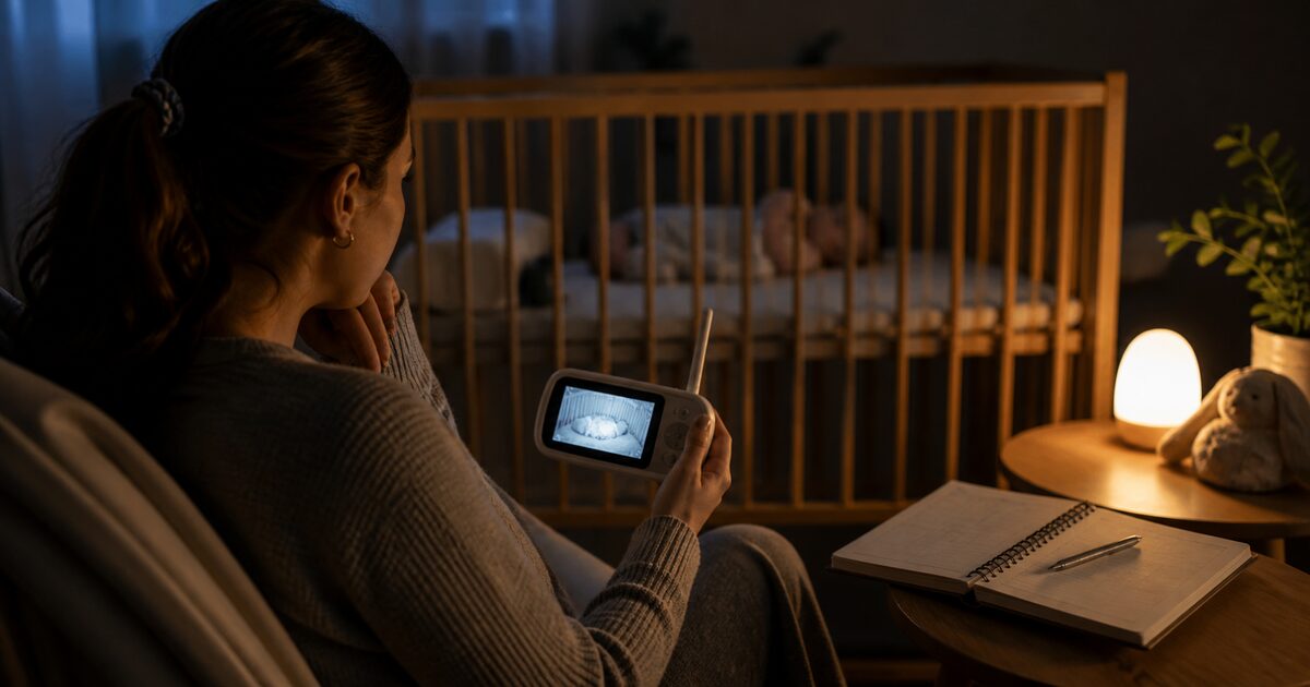 Mutter beobachtet nachts ein Babyphone neben einem Kinderbett mit warmem Nachtlicht