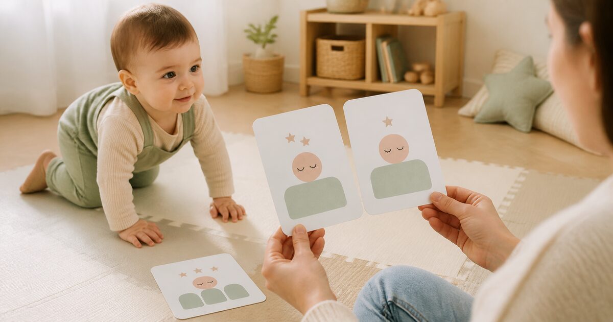 Krabbelndes Baby und zwei Nickerchen-Karten als Symbol für den Wechsel auf zwei Tagschläfchen