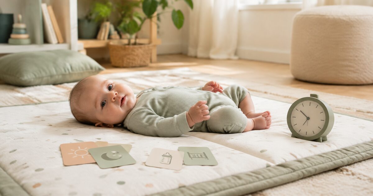 Drei Monate altes Baby liegt wach auf einer Spielmatte, daneben Uhr und Routinekarten