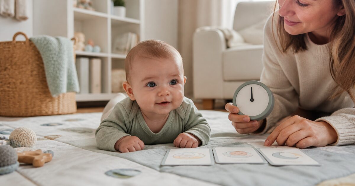 Vier Monate altes Baby liegt wach auf einer Spielmatte, daneben Uhr und Routinekarten