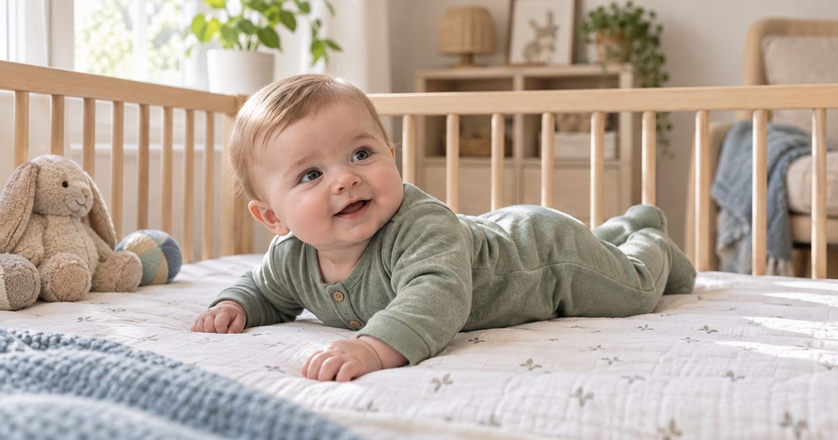 Fünf Monate altes Baby dreht sich im hellen Bettchen auf den Bauch