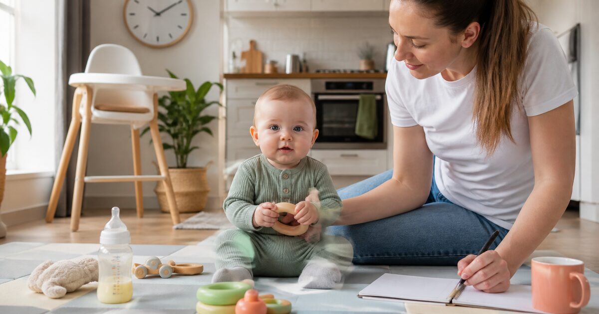Sechs Monate altes Baby sitzt auf einer Spielmatte, während eine Mutter den Tagesrhythmus notiert
