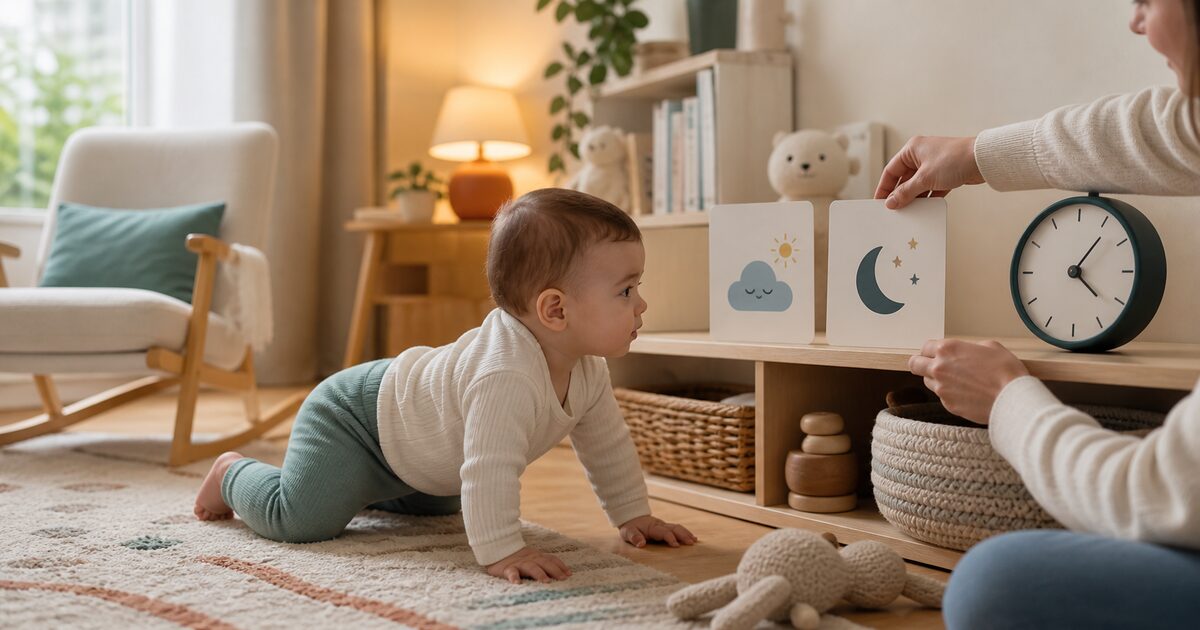 Acht Monate altes Baby krabbelt im Wohnzimmer neben zwei Nickerchen-Karten und einer Uhr